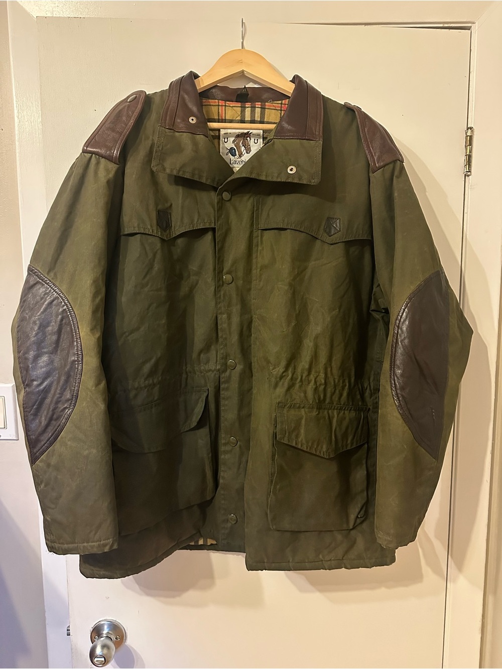 Men's Olive Waxed Cotton Field Jacket with Brown Leather Trim( not Harris tweed)
